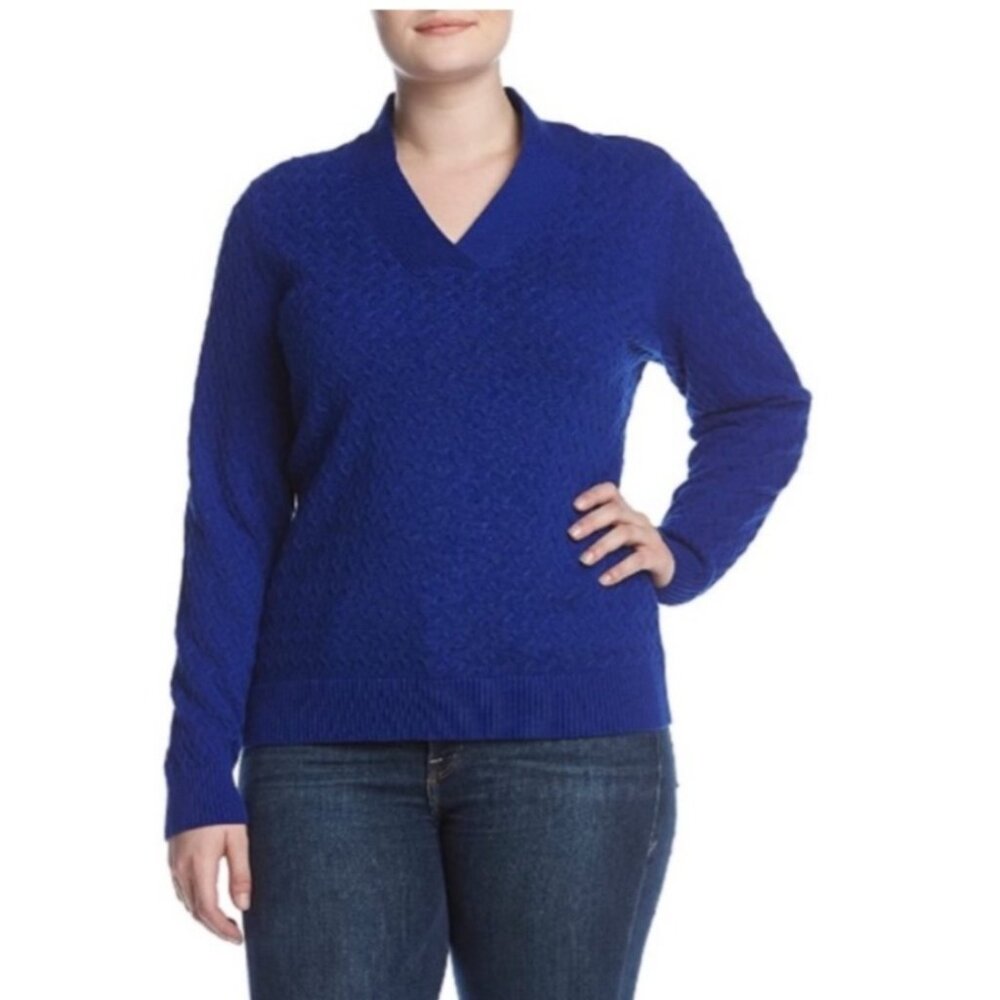 Studio Works Basket Weave Knit Sweater V-Neck Royal Blue Size XL